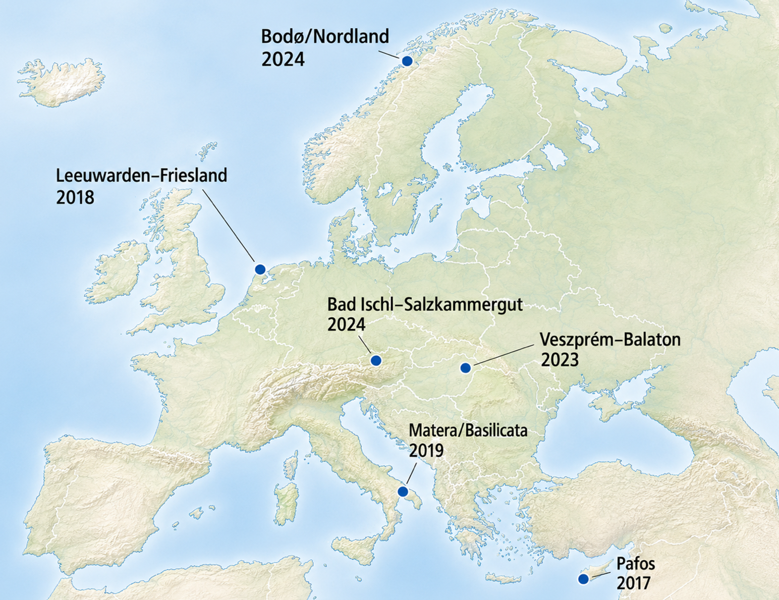 Geographical distribution of the six comparative cases. City markers identify the titleholders; regional names indicate the territorial frames mobilised in the programmes.