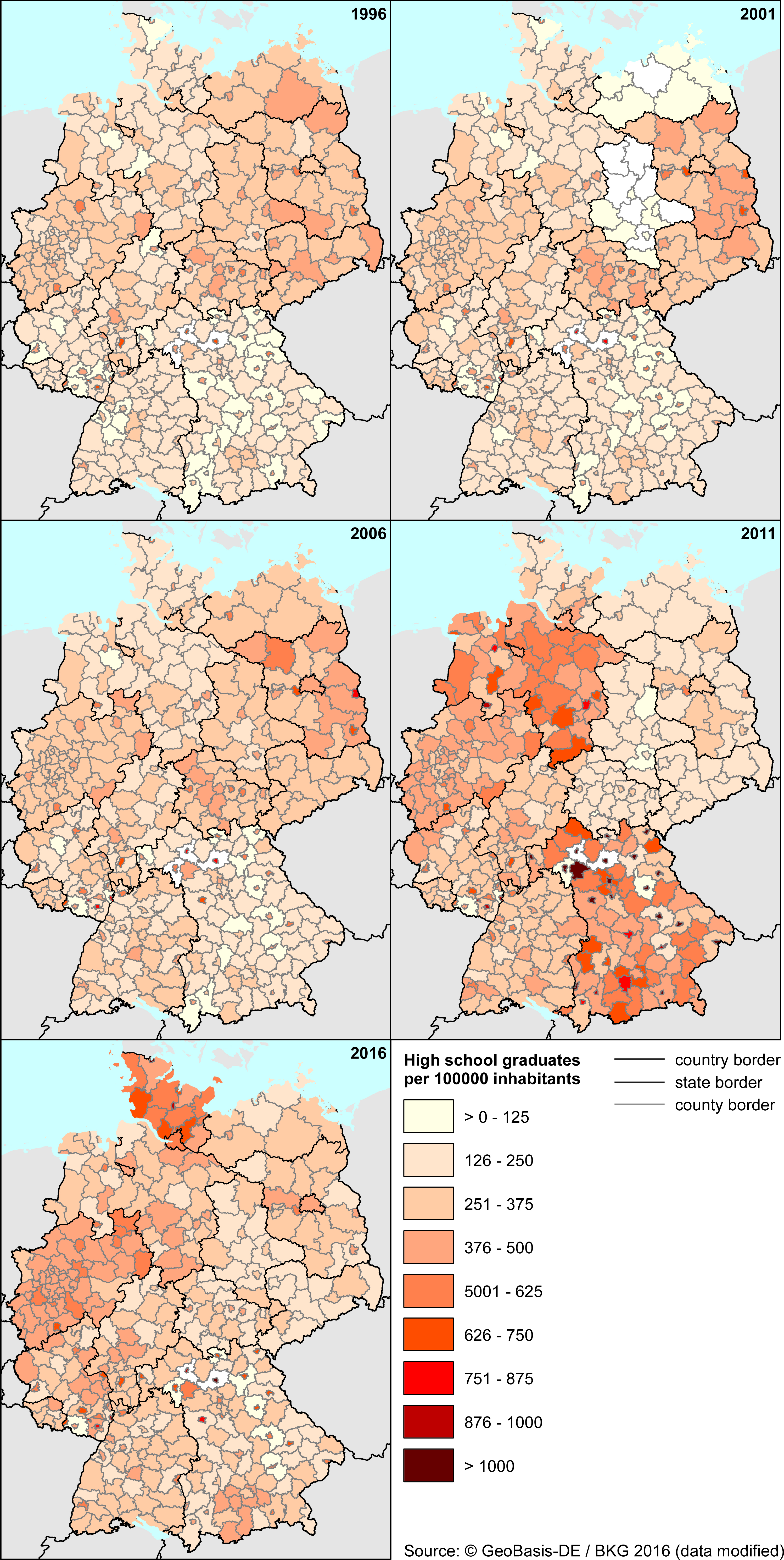 Development of high school graduates per 100,000 inhabitants. Description: The high school graduates per 100,000 inhabitants for the years are presented. It is important for the interpretation that in 2011 in Bavaria and Lower Saxony and in 2016 in Schleswig-Holstein two cohorts took their A-Level exams.