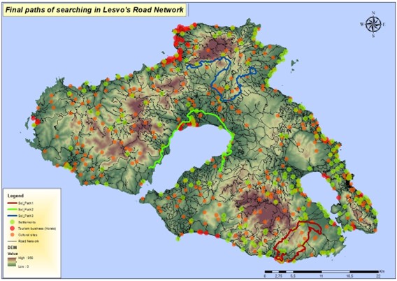 Three acceptable paths in the road network of Lesvos Island, after searching using spatial criteria in spatial algorithm. spatial criteria describe the target path.