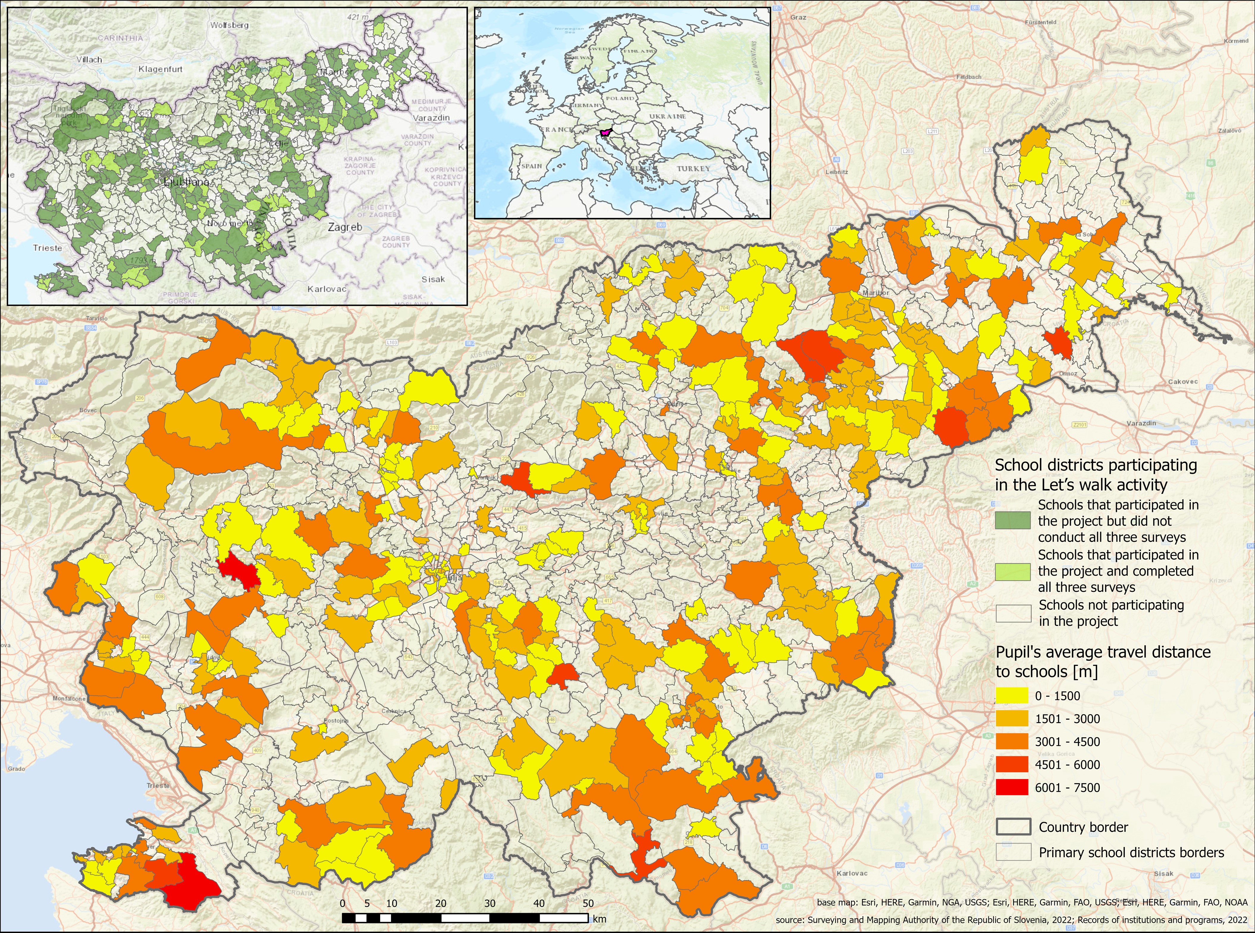 Distribution of the school districts participating in the project and students’ average travel distance to school