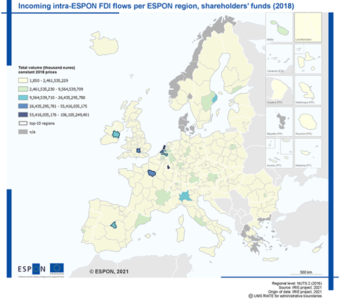 Total volume of incoming intra-ESPON FDI flows per ESPON region (intra-national FDI flows are included), shareholders’ funds (thousand euros); constant 2018 prices, year 2018 (the boundaries of the top-10 regions are highlighted). Sources: AMADEUS database / Authors’ elaboration