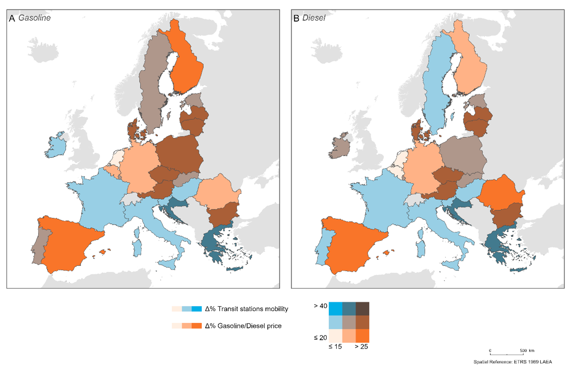 Bivariate relationship between changes in fuel prices and mobility from 31 January to 31 May 2022 (Source: calculated Directorate-General for Energy (2022) and Google (2022))