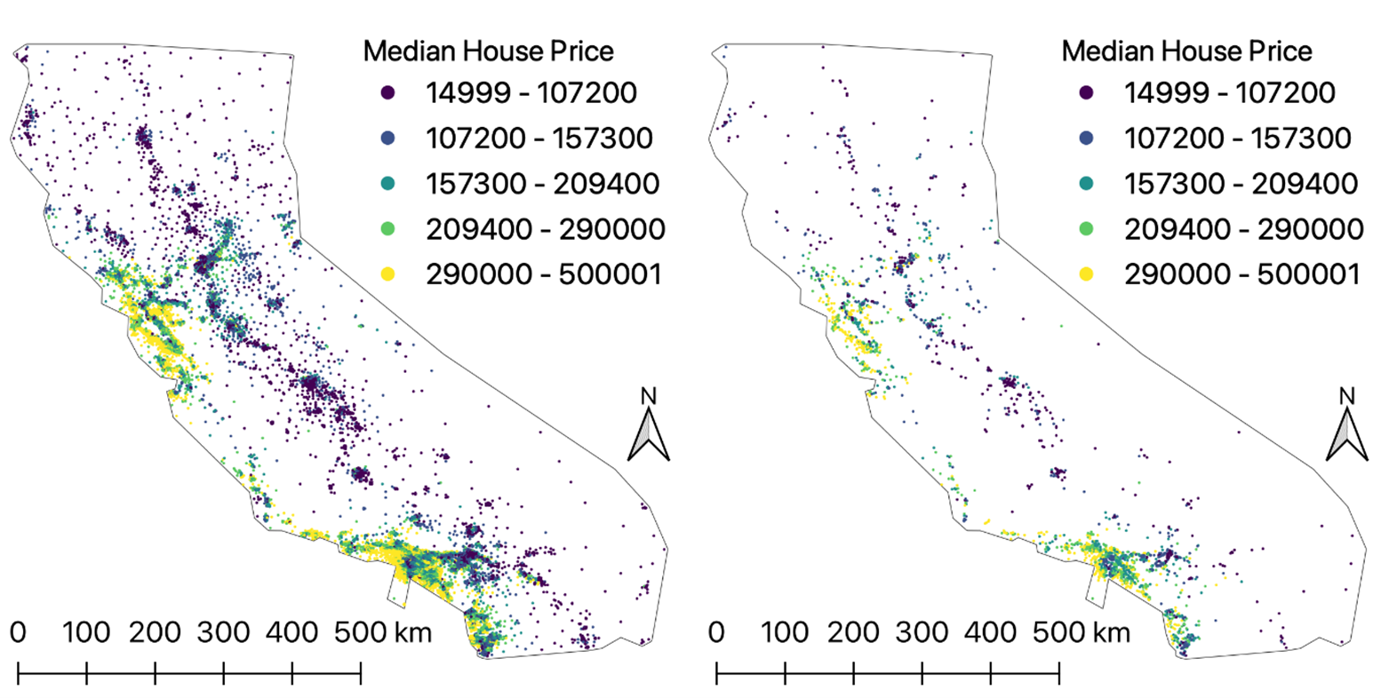 Median house price: full dataset, 20,640 points (left) and small dataset, 2051 points (right).