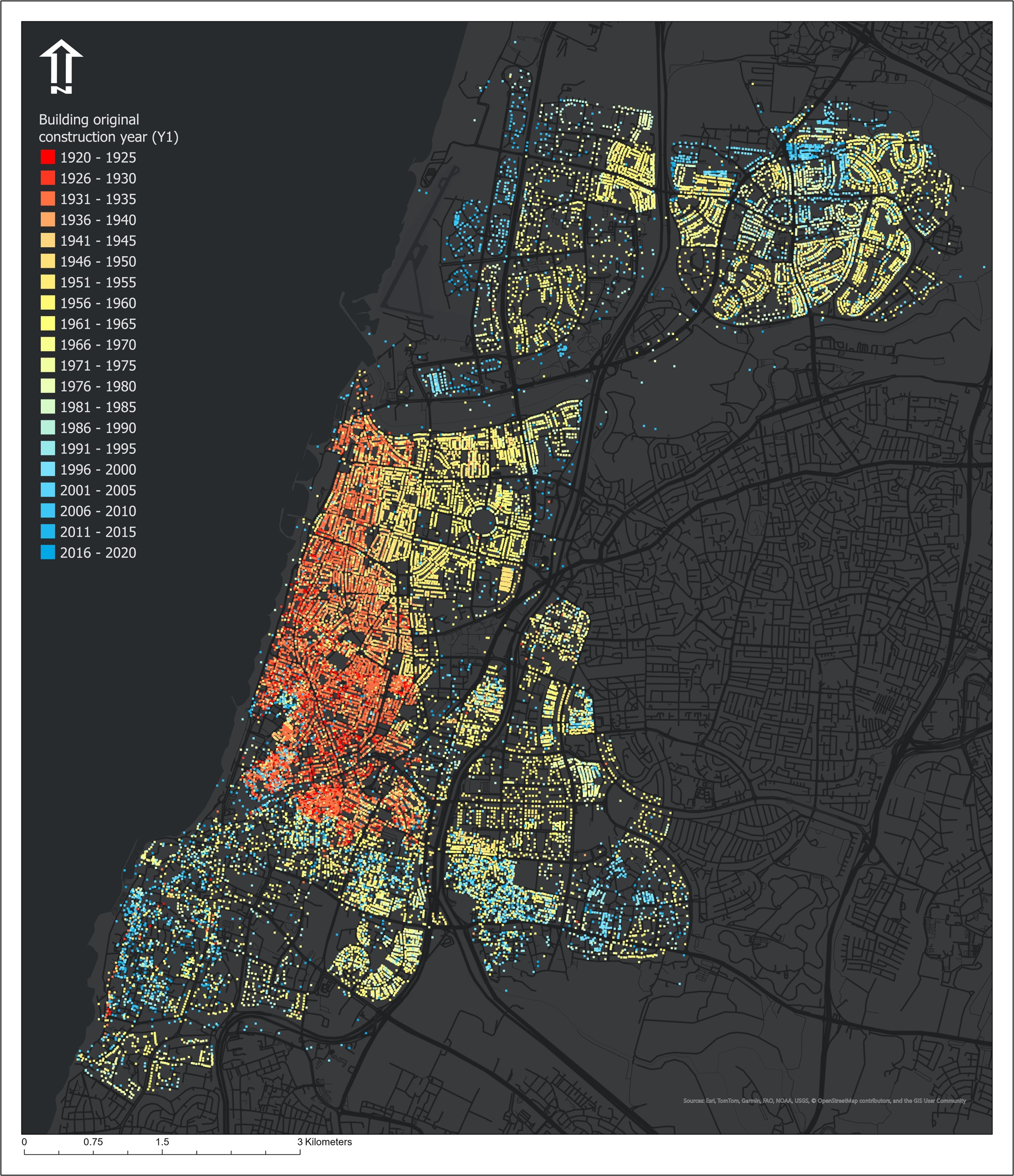Construction chronology in Tel Aviv-Yafo, 1920-2020: (Y1) building birth years.