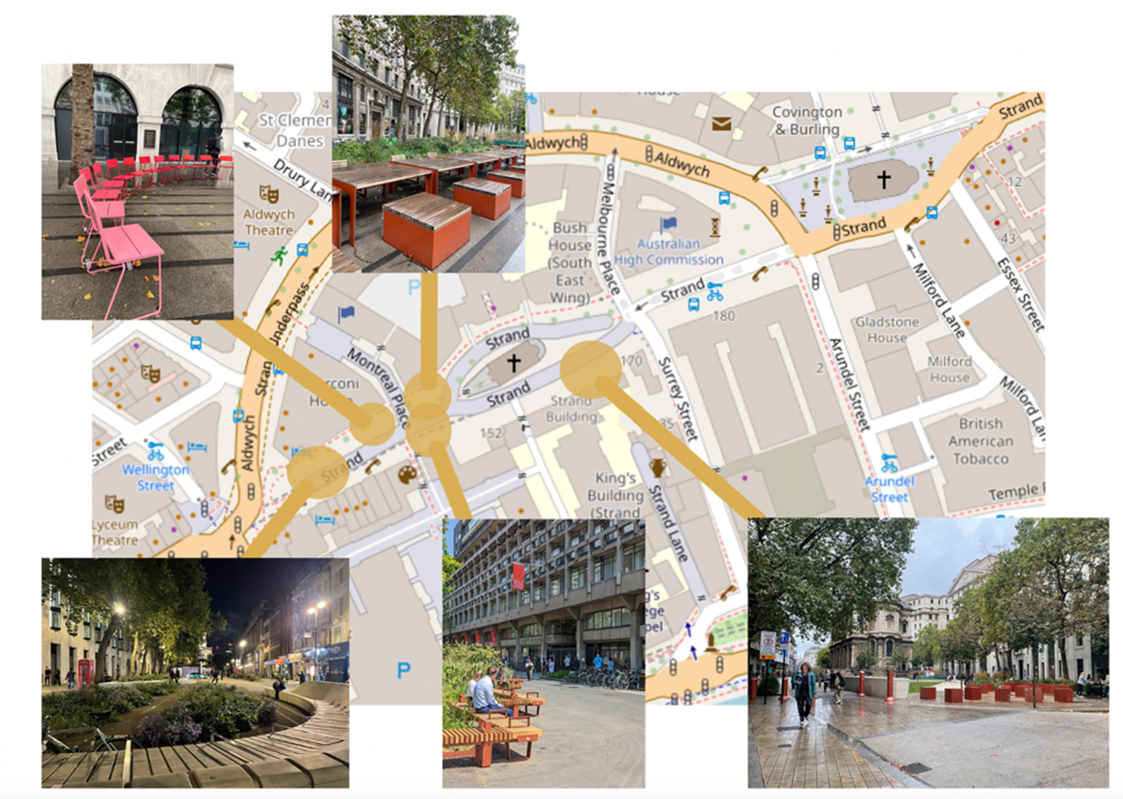 The image displays the newly pedestrianised area on Open Street Map. The location of the main seating furniture (Stopping Factors) is marked by yellow circles connected to the corresponding pictures. This illustrates the contrast between the experience of digital maps -through a digital mediation and the lived experience by walking and the lived experience.