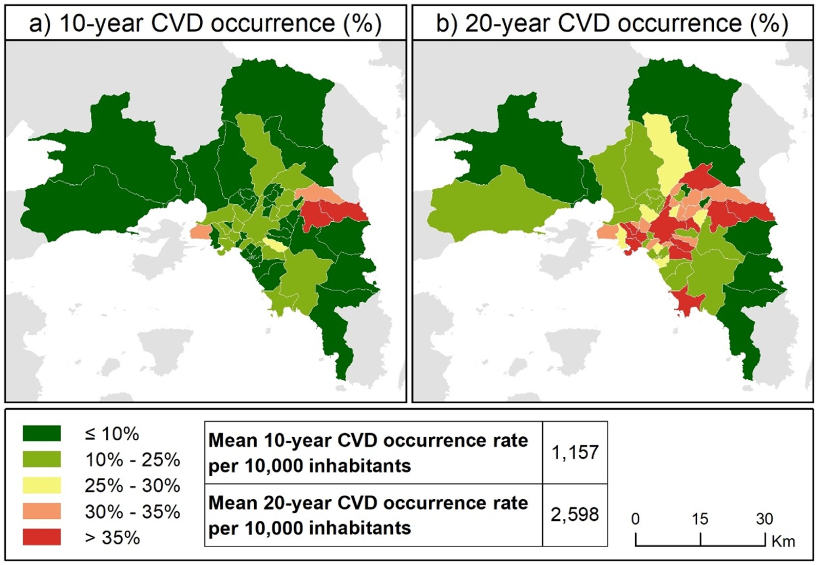 Spatial variability of the fatal or non-fatal CVD occurrence rates across Attica municipalities: (a) 10-year CVD occurrence rates, 2012; (b) 20-year CVD occurrence rates, 2022