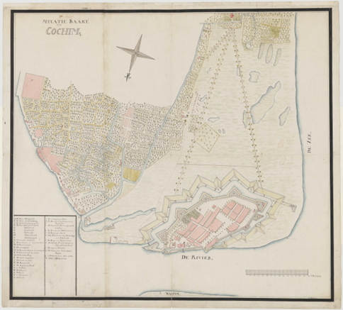 Map of Cochin, 18th century. Source: NL-HaNA, 4.VEL, inv. no. 907, http://hdl.handle.net/10648/1ee0e682-3223-4a6a-90fd-c05536198d5c.