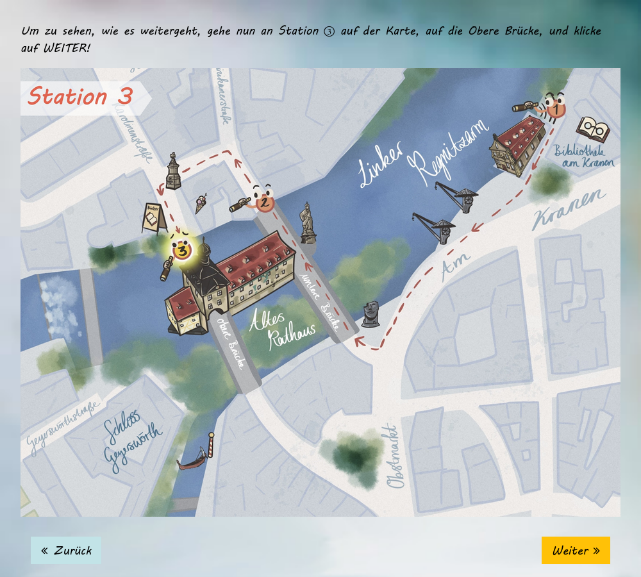 Screen with a site map of the place of the scene with instructions how to get there (translation of the shown text: To see what happens next, go to station  on the map, to the Upper Bridge, and click on WEITER!) with similar display contents for a. on-site version via mobile phone and b. off-site version via PC (Buttons at the bottom of the display allow to go back [button Zurück] or continue in the app [button Weiter]).