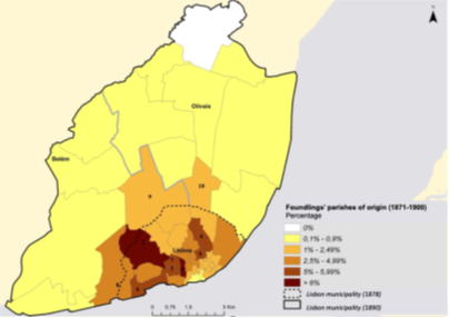 Origins of the children abandoned at the SCML by Lisbon municipal parish in percentage from 1871 to 1900. Source: SCML, Relatório…, 1871-1911. Note: 1 – Encarnação parish; 2 – Santa Isabel parish; 3 – Santa Catarina parish; 4 – Anjos parish; 5 – Nossa Senhora do Socorro parish; 6 – Santos-o-Velho parish; 7 – Mercês parish; 8 – São Pedro em Alcântara parish; 9 – São Sebastião da Pedreira parish; 10 –São Jorge de Arroios parish.