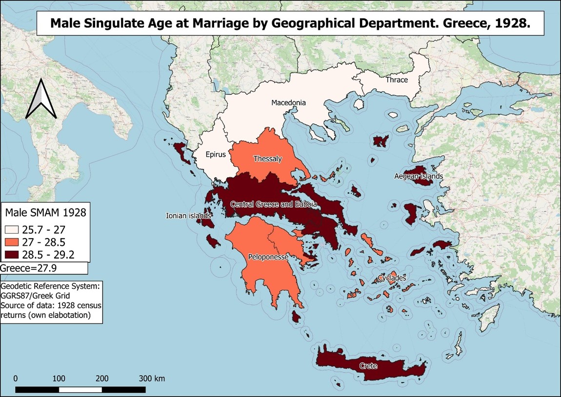 Μale Singulate Mean Age at Marriage (SMAM). Geographical Departments of Greece, 1928