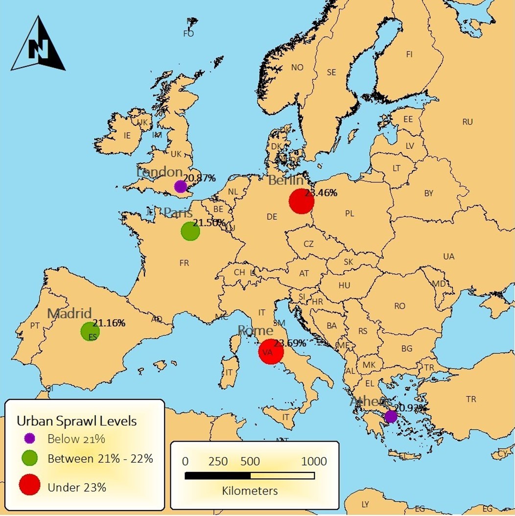Urban Sprawl Levels in Selected European Cities (2000-2023)