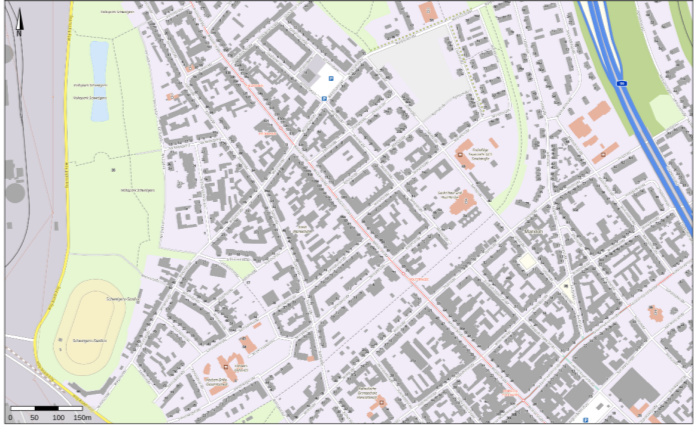 Zoomed-in map of the case study area, showing Weseler Straße in Duisburg-Marxloh (Geobasis NRW, 2025).
