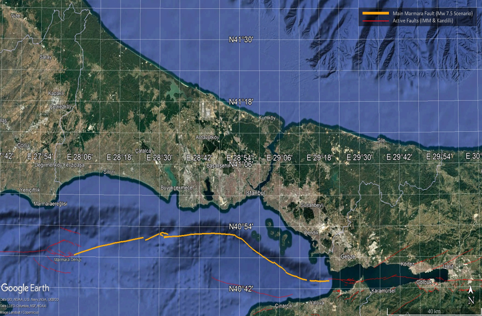 Tectonic setting of the Sea of Marmara showing the active fault system (thin red lines) and the assumed rupture trace for the deterministic Mw 7.5 earthquake scenario (thick orange line) based on the IMM and Kandilli dataset (Map base: Google Earth Pro).